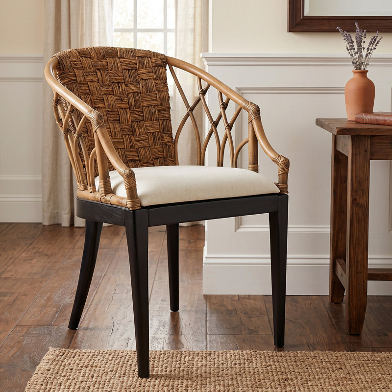 Rattan Barrel Back Design with Upholstered Seat Accent Chair