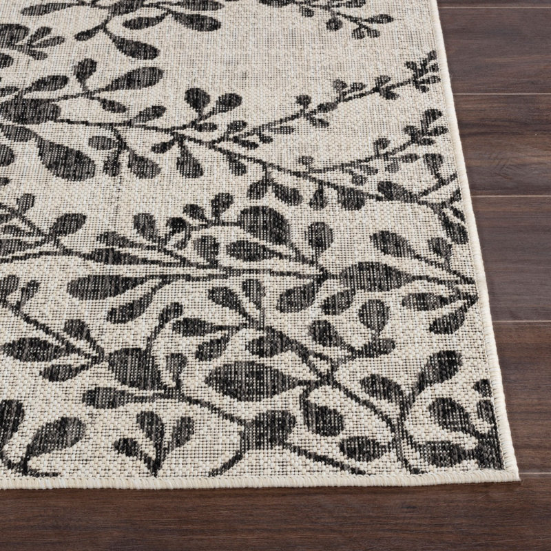 Charcoal Modern Outdoor Rug, Floral Stain Resistant Easy to Clean Rug For Patio, Balcony, Decks & Garden
