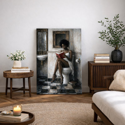 Femme lisant un livre dans une œuvre d'art de salle de bain rétro, images de salle de bain, impression sur toile encadrée