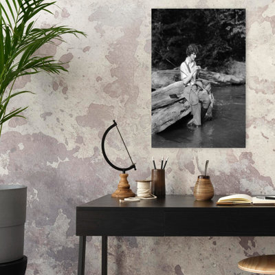 1920S 1930S Woman Sitting On Rock By Side Of Stream Wearing Waders Putting Fly On Tippet Classic Retro Vintage Fish Fly Portrait Wall Art