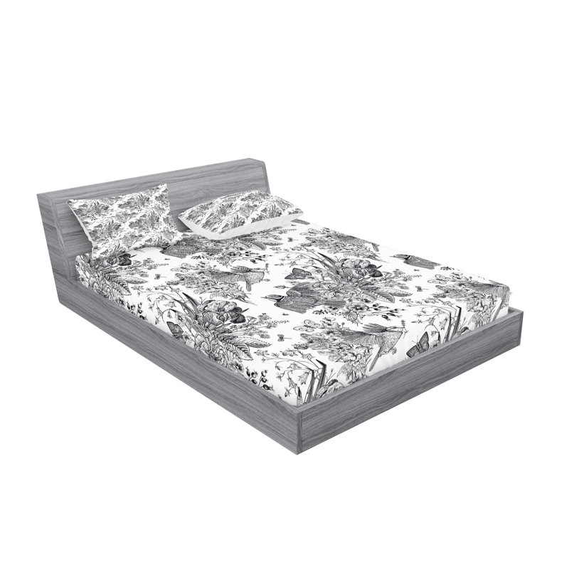 Drap-housse et coussin décoratif floral Ambesonne gris anthracite et blanc, Ensemble de draps pour très grand lit californien