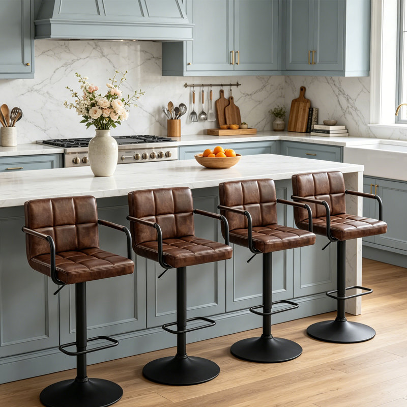 Tabouret de bar rembourré et réglable en hauteur brun clair 4 pièces avec structure en métal, Marron foncé