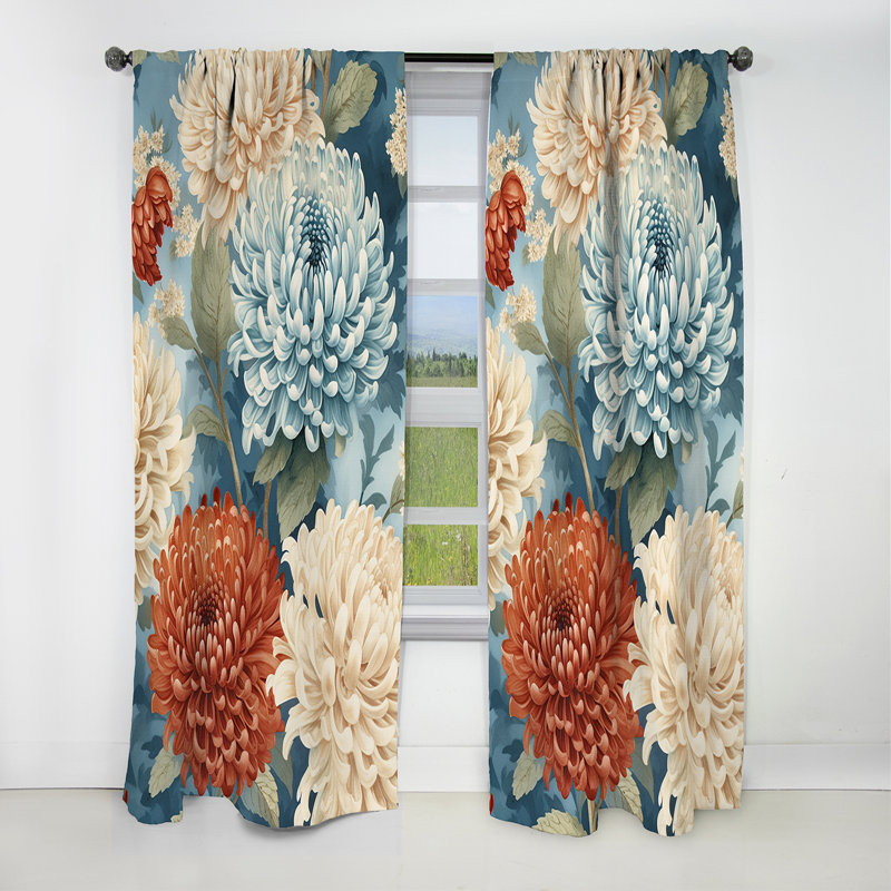Rideau occultant floral blanc et bleu Chrysanthemums Symphony - 1 panneau, L 52 po x L 120 po