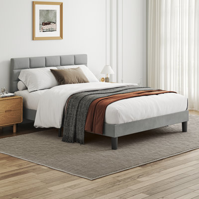 Velvet Upholstered Platform Bed with Headboard