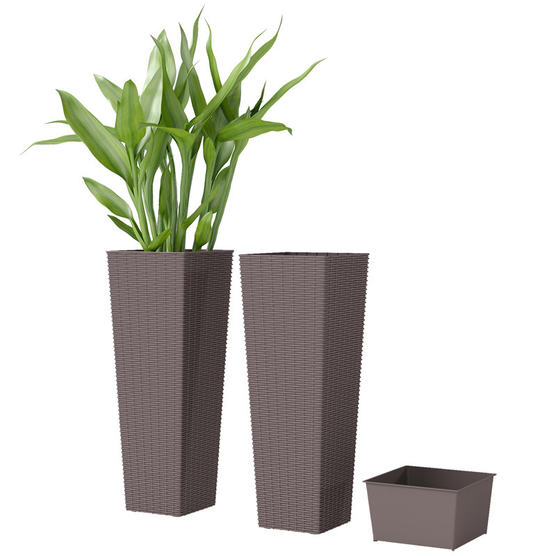 23.6 Inch Tall Planters For Outdoor Plants, Set Of 2 Plastic Flower Pots With Drainage Holes, Brown, Brown