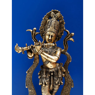 14" Brass Standing Fluting Krishna Statue – Handcrafted Indian Lord Krishna Musical Idol for Spiritual Home Decor & Altars