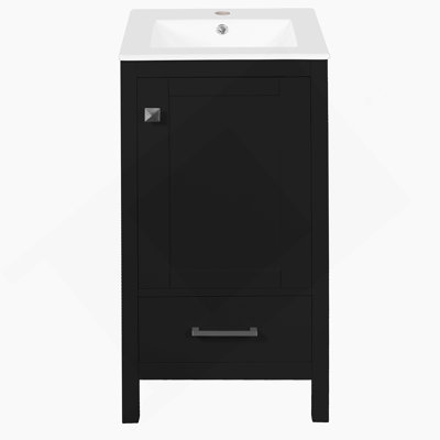 Meuble-lavabo moderne de 18 pouces avec lavabo en céramique, tiroirs à fermeture en douceur et organisateur de porte, tiroir de séparation et patins réglables en plastique - solution de rangement peu encombrante