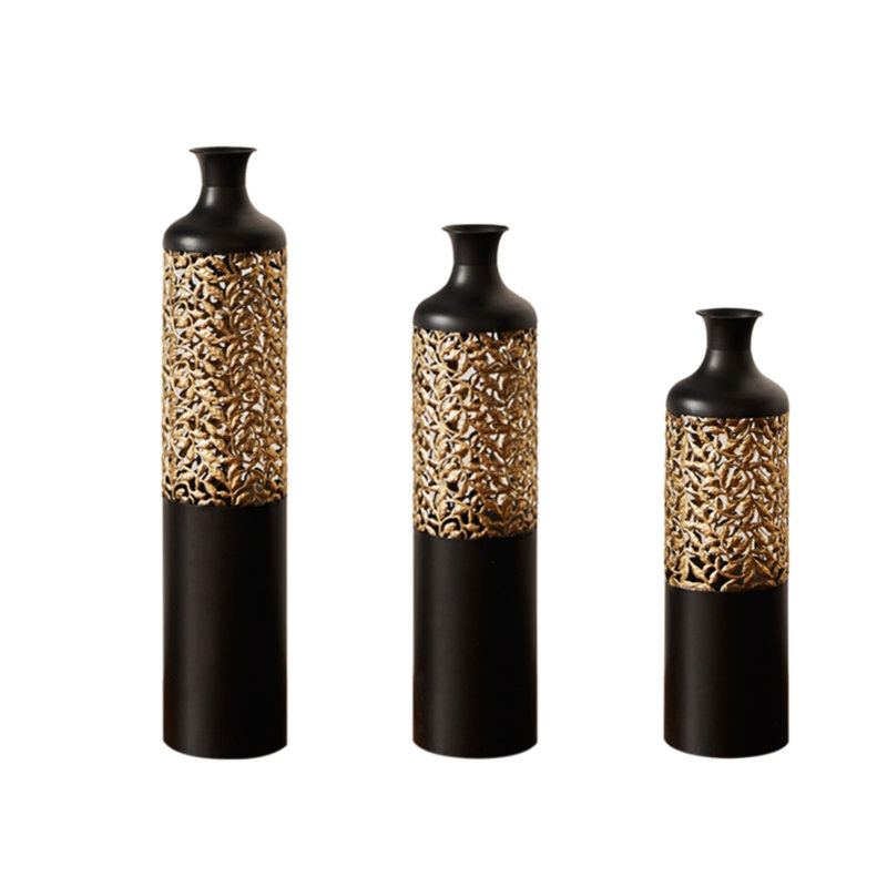 Black Metal Cylinder Floor Vases Set Of 3 - 28.7"/24.8"/20.8"H Glazed Vases With Triangular Embossing, Glam Home Decor (3.15In Diameter, 15.2Lbs Total)