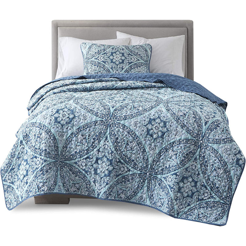 Geometric Shapes Quilt, Blue/White