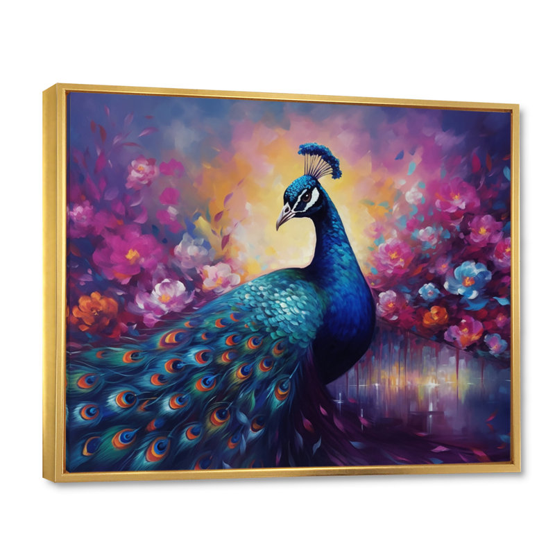 «Vibrant Peacock II» - art mural paon, Cadre flottant doré, H 30 po x l 40 po x P 1,5 po