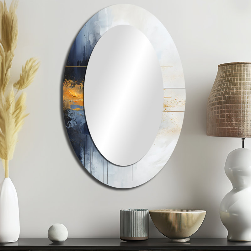 Tempête de marbre bleu et jaune VI - Miroir mural moderne ovale, 36 po x 24 po
