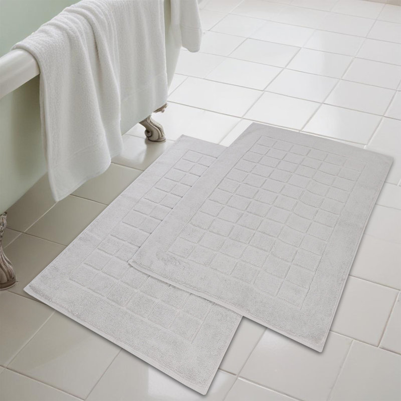 Nora Cotton Terry Solid Absorbent Thick Checkered Washable 2 Piece Bath Mat Set, Silver