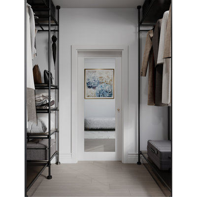 Porte française à dalle de 28 po x 80 po, portes intérieures à dalle en bois massif avec miroir 1-Lite pré-assemblées pour la salle de bain du garde-manger garde-manger, porte à panneau apprêté blanc, sans quincaillerie