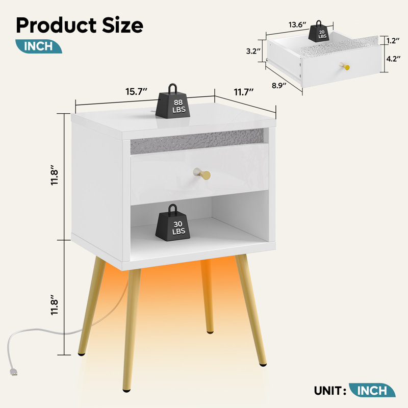 Nightstand Set Of 2, Beside Table With Storage Drawer Charging Station And LED Open Shelf, White