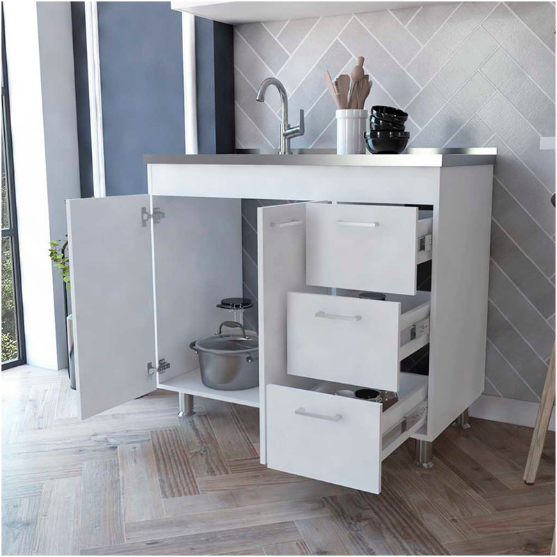 Armoire Darien, armoire double porte, trois tiroirs, quatre pieds, Blanc