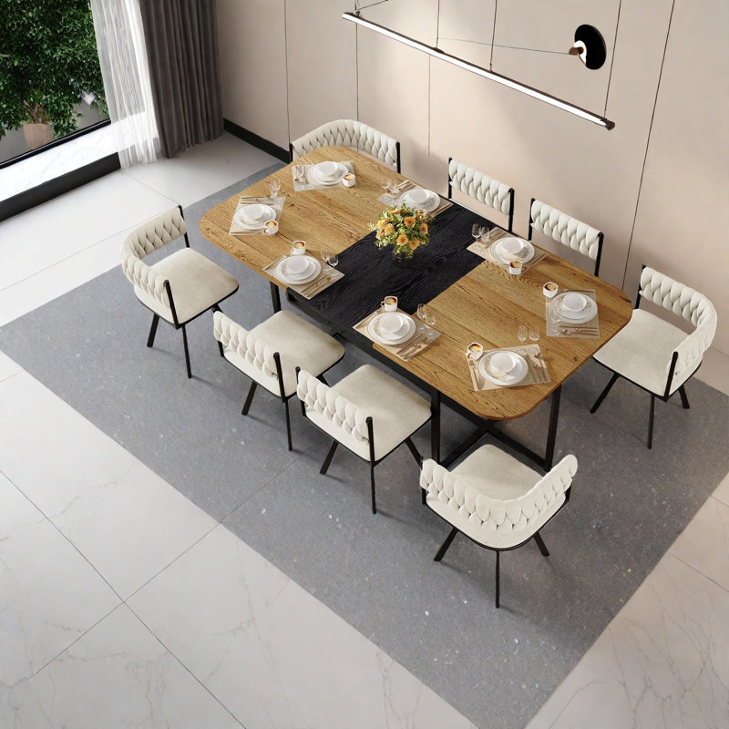 Ensemble de table de salle à manger moderne pour 8 chaises en bois et en velours bicolores, idéal pour la famille