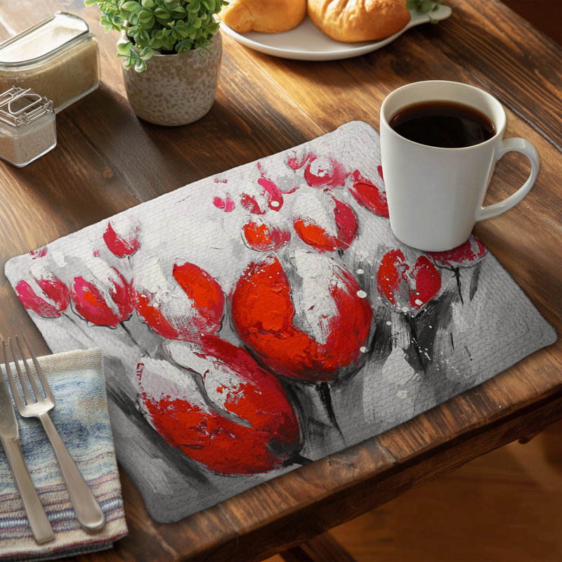 Napperon contemporain blanc avec motif de tulipes rouges