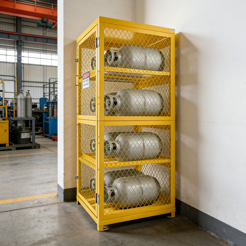 Armoire de rangement à cylindre horizontal, L 30 po x l 30 po x H 70,3 po, capacité de 8 cylindres, cage de rangement au propane à 4 niveaux, avec serrure et clés, acier au carbone thermolaqué jaune, pour le propane, l'oxygène et l'azote
