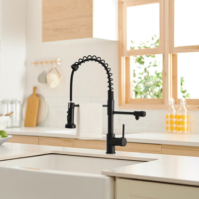 Robinet d'eau potable noir mat avec purificateur et filtre rétractable - Robinet d'évier de cuisine, sortie double, facile à installer dans le purificateur, entretien sans effort