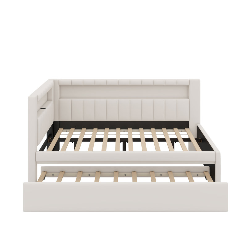 Lit plateforme double avec ports USB et ceinture à DEL, avec lit gigogne, Blanc