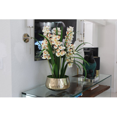 Fabric and Silk Orchid Faux Floral Arrangement in Basket
