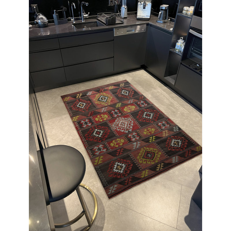 Tapis décoratif moderne multicolore à motifs géométriques foncés, Tapis de couloir 3 pi 3,37 po x 9 pi 10,11 po