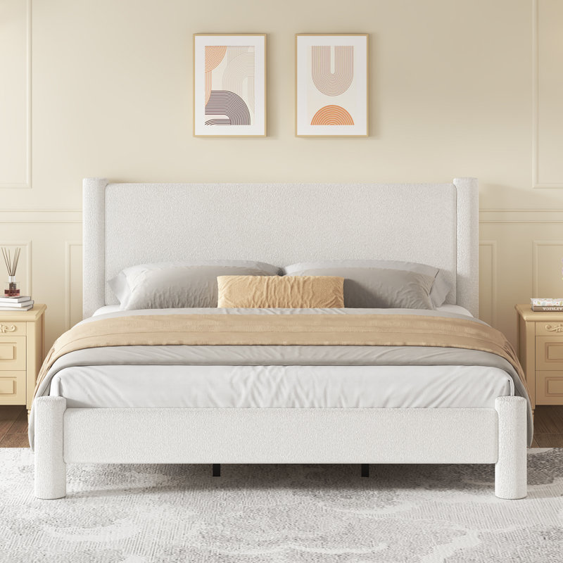 Lit plateforme tapissier Boucle, Blanc, Très grand lit