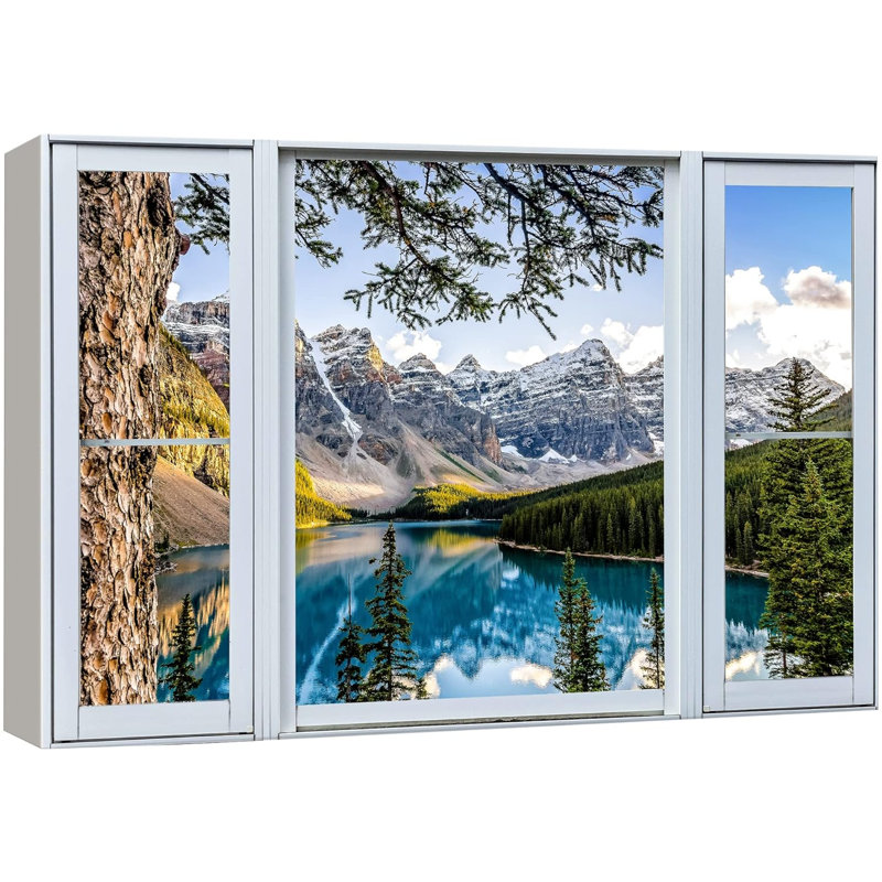 Window Scenery " Window View Snow Capped Mountain Range Forest Lake Nature Pictures Scenic Landscape ", 16" H x 24" W