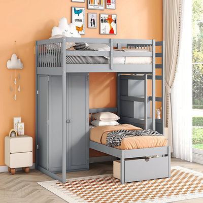 Lit superposé double au-dessus de simple avec garde-robe, tiroirs, gris