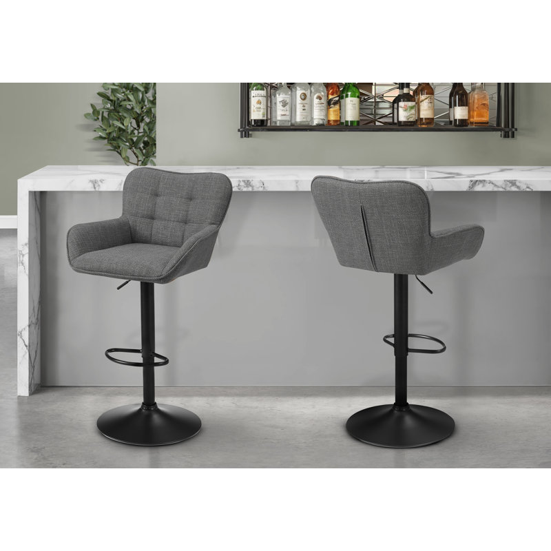 Barstool, Set Of 2, Adjustable, Swivel, Bar Height, Counter Height, Kitchen, Grey Fabric, Black Metal, Contemporary, Modern