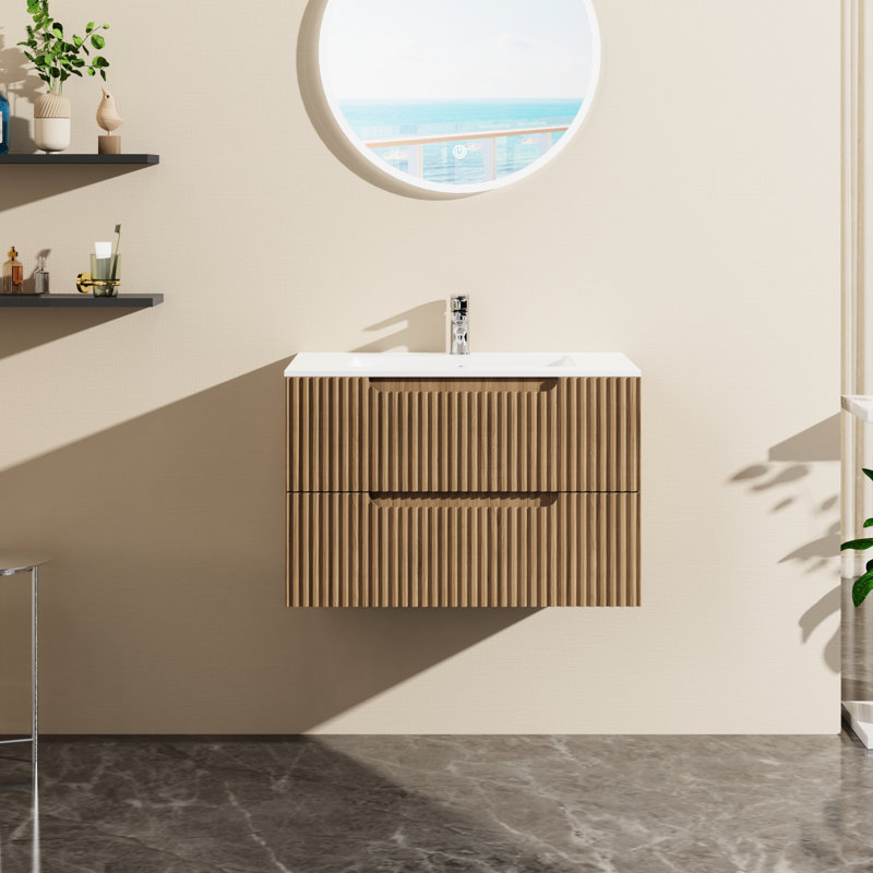 Meuble-lavabo mural de 30 po avec design flottant, tiroirs à fermeture en douceur, finition noyer, espace de rangement spacieux pour les articles essentiels 30 po en noyer, système de fermeture en douceur, grand Mid-Century moderne