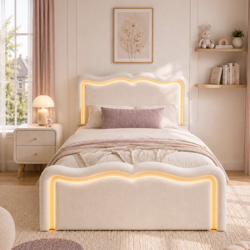3FT Single Ottoman Bed Frame with Hydraulic Storage & LED Lights, Cream