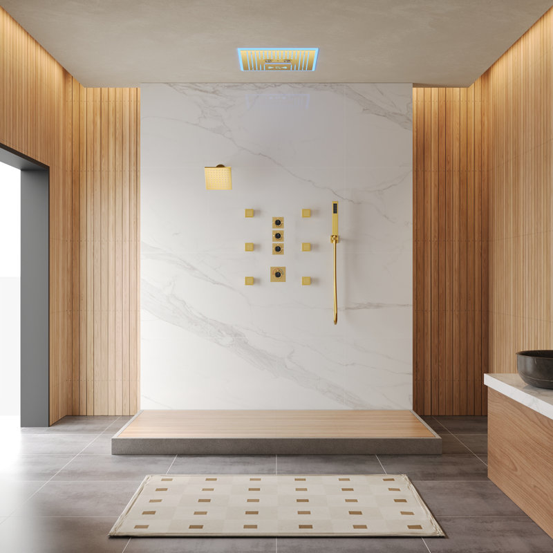 Système de douche thermostatique à DEL 16 po avec musique Bluetooth, robinet de douche à pluie 6 po avec douche à main