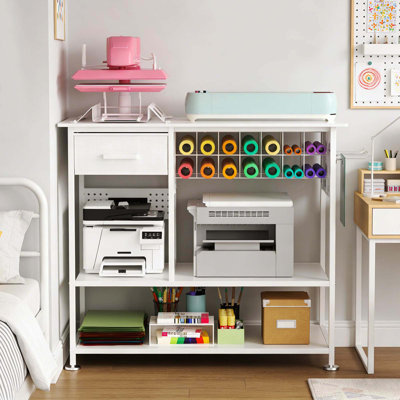 Grande table de presse à chaud avec station de charge, chariot de bureau à support de presse à chaleur mobile avec rangement et tiroir en vinyle, établi en métal pour sublimation, t-shirts et casquettes de transfert de chaleur