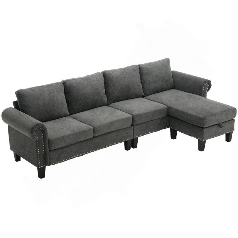 Canapé modulaire convertible avec rangement, canapé en L, canapé à quatre places, canapé modulaire en tissu de lin moderne pour le salon, gris