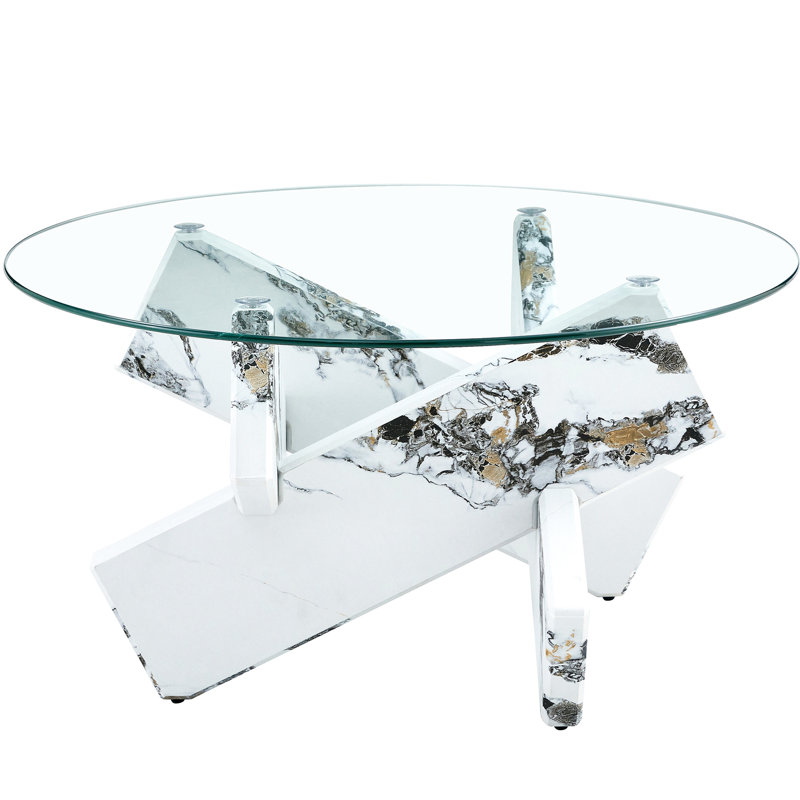Table basse transparente en verre trempé avec pieds blancs, 33,4 po de largeur