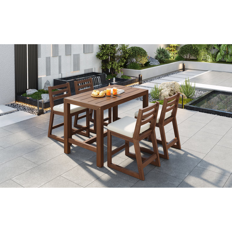 Ensemble de bar de patio rustique 5 pièces, ensemble de table de patio et chaises avec chaises ergonomiques, plateau de table à lattes en bois massif pour piscine, balcon, cour arrière, véranda (coussin moka)