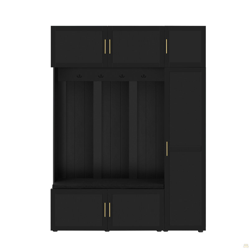 4-in-1 Hall Tree with Padded Bench, 4 Hooks, and Multi-Tier Storage Shelves, Black