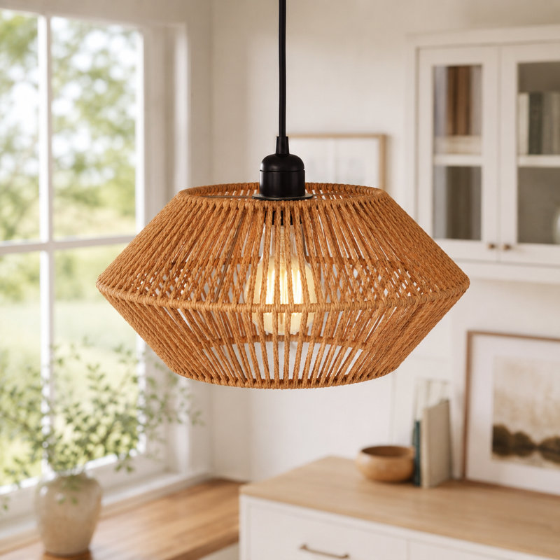 Lustre en corde tissée 1 lumière avec abat-jour en cage tissée (ampoule incluse)
