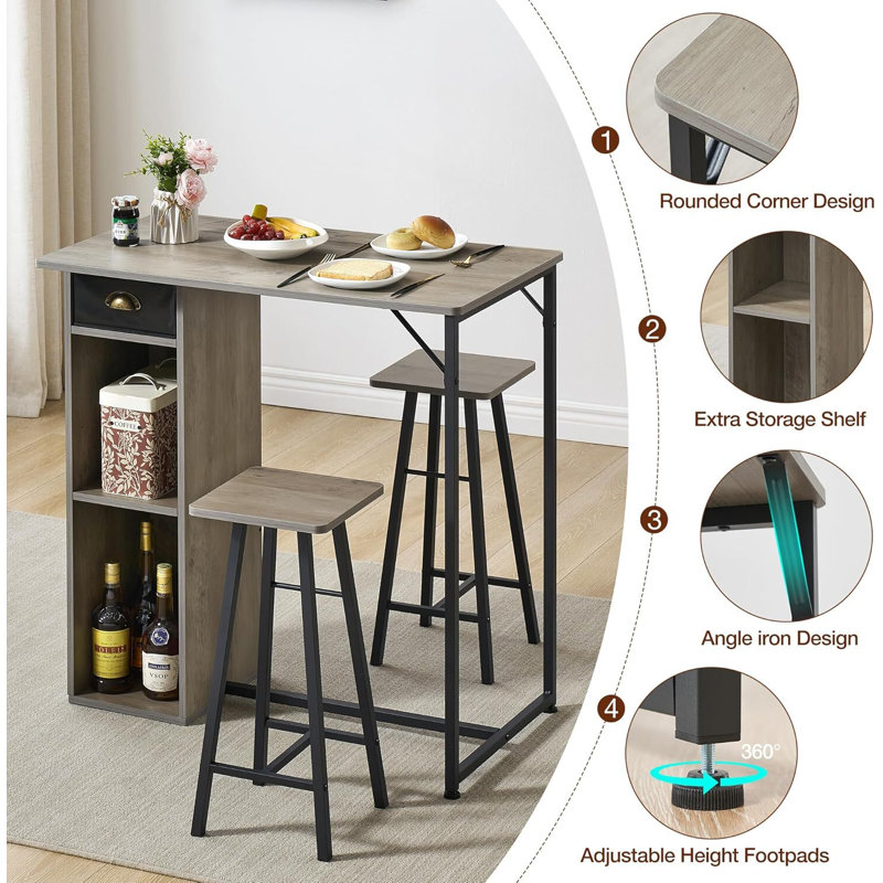 3 Piece Bar Table Set, with 2-Layer Storage Shelf, Gray