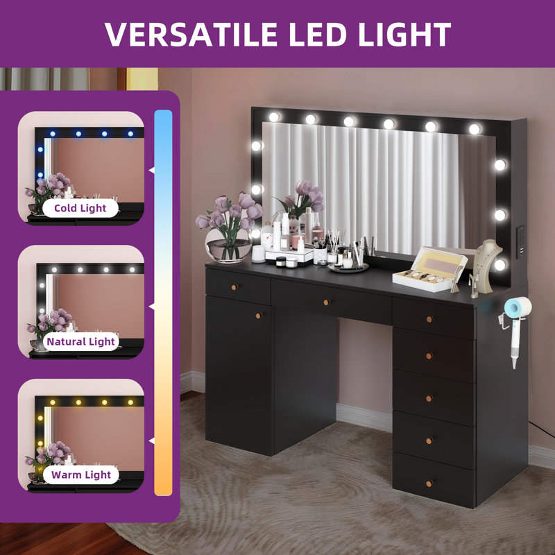 Makeup Vanity With Mirror And Lights, Black