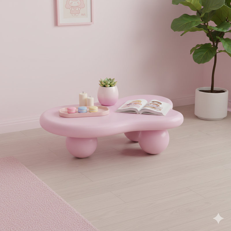 Table basse de 40 pouces en forme de nuage, table basse avec trois pieds sphériques pour le salon, rose