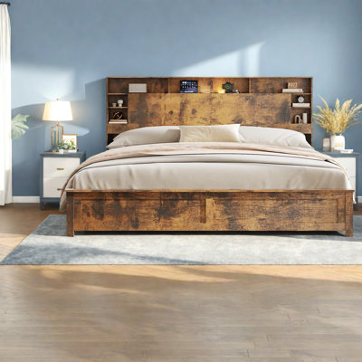 Très grand lit compact, structure en bois et métal avec rangement, brun foncé moderne pour la maison