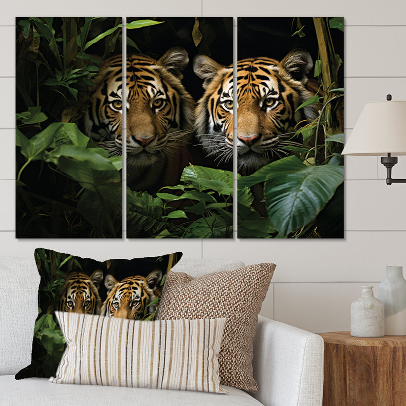 Asian Art Tigers in Jungle II - 3 pièces sur toile tendue, H 40 po x l 60 po x P 1 po