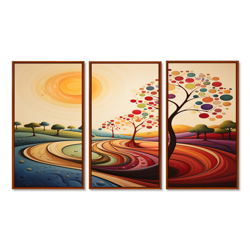 Joyeux arbre coloré Summertime - ensemble de salon d'art mural arbre, Cadre flottant brun, H 32 po x l 48 po x P 1 po