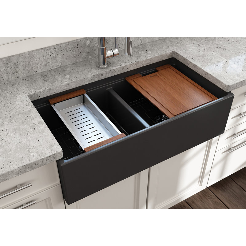 Contempo 36'' L Double Bowl Fireclay Kitchen Sink, Dark Gray