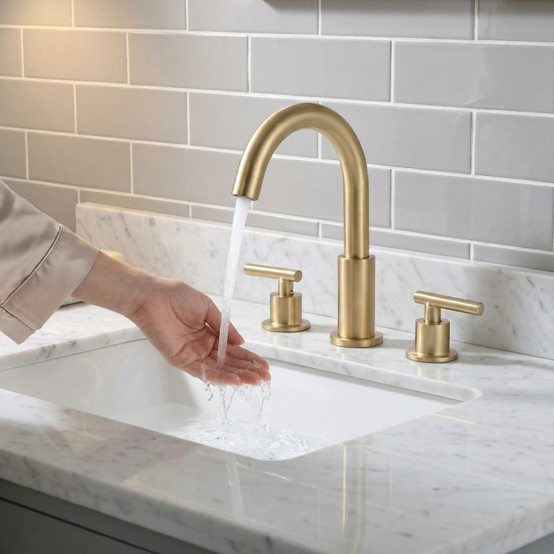Modern 8 In. Widespread Double Handle Bathroom Faucet 3-Holes With Pop-Up Drain Assembly, Brushed Gold