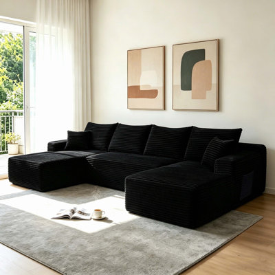 Canapé modulaire en forme de U de 126 pouces avec méridienne en forme de U, canapé à assise profonde modulaire avec poches latérales et porte-gobelets, aucun assemblage requis, tissu moelleux, noir
