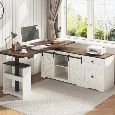63" Farmhouse Electric Standing Desk Adjustable Height Sit Stand Corner Stand Desks, L Shaped Standing Computer Desk With Power Outlets & Storage Drawers & Sliding Door For Home Office