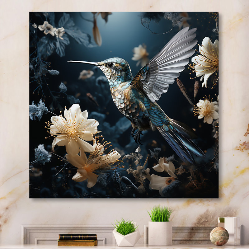 «Midnight floral oiseau Melody 1 - Hummingbird», art mural encadré, H 36 po x l 36 po x P 1,5 po, Toile tendue